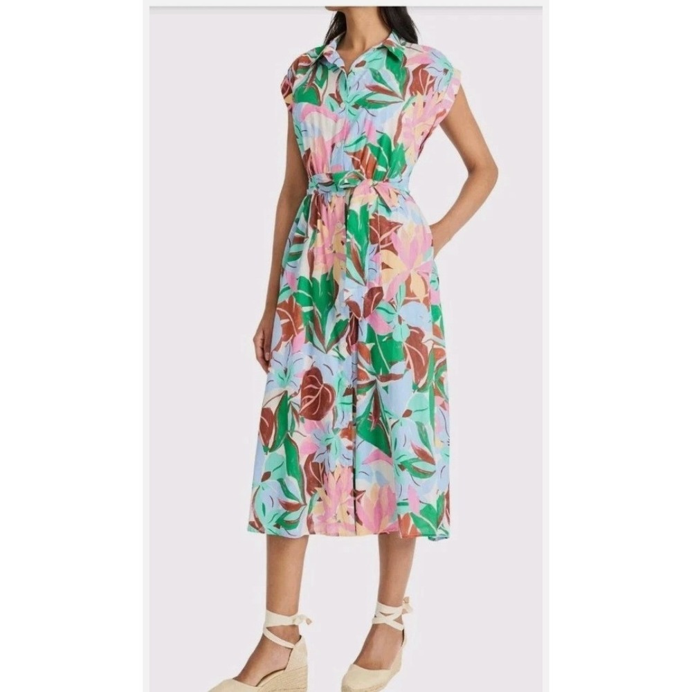 Maggy London Floral Cotton Midi Shirtdress Cap Sleeve Tropical Size 8 NWT